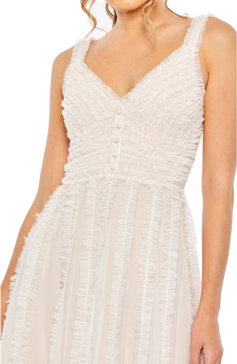 Mac Duggal Tulle V-Neck Dress with Cascading Ruffles and Sleek Silhouette, Alternate, color, Oyster