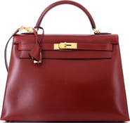 Pre-Owned Hermes Kelly Handbag Red Box Calf with Gold Hardware 32