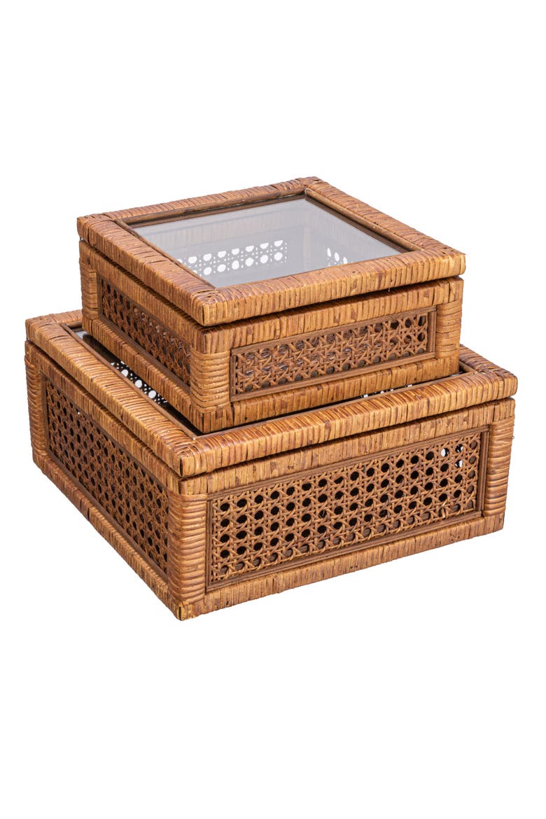 Modern Decorative Square Woven Rattan and Wood Display Boxes with Glass Top, Dark Brown Finish, Set of 2, Main, color, Brown
