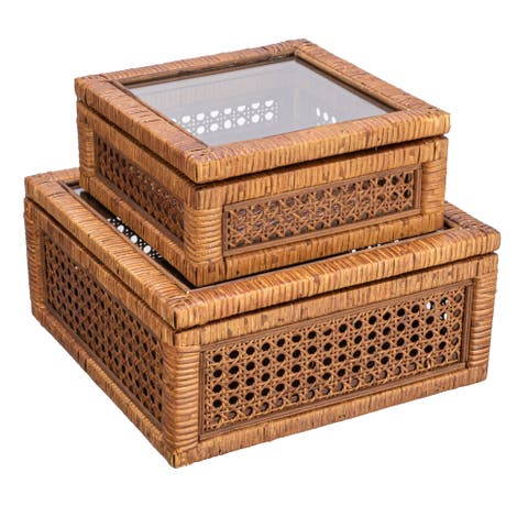 Modern Decorative Square Woven Rattan and Wood Display Boxes with Glass Top, Dark Brown Finish, Set of 2