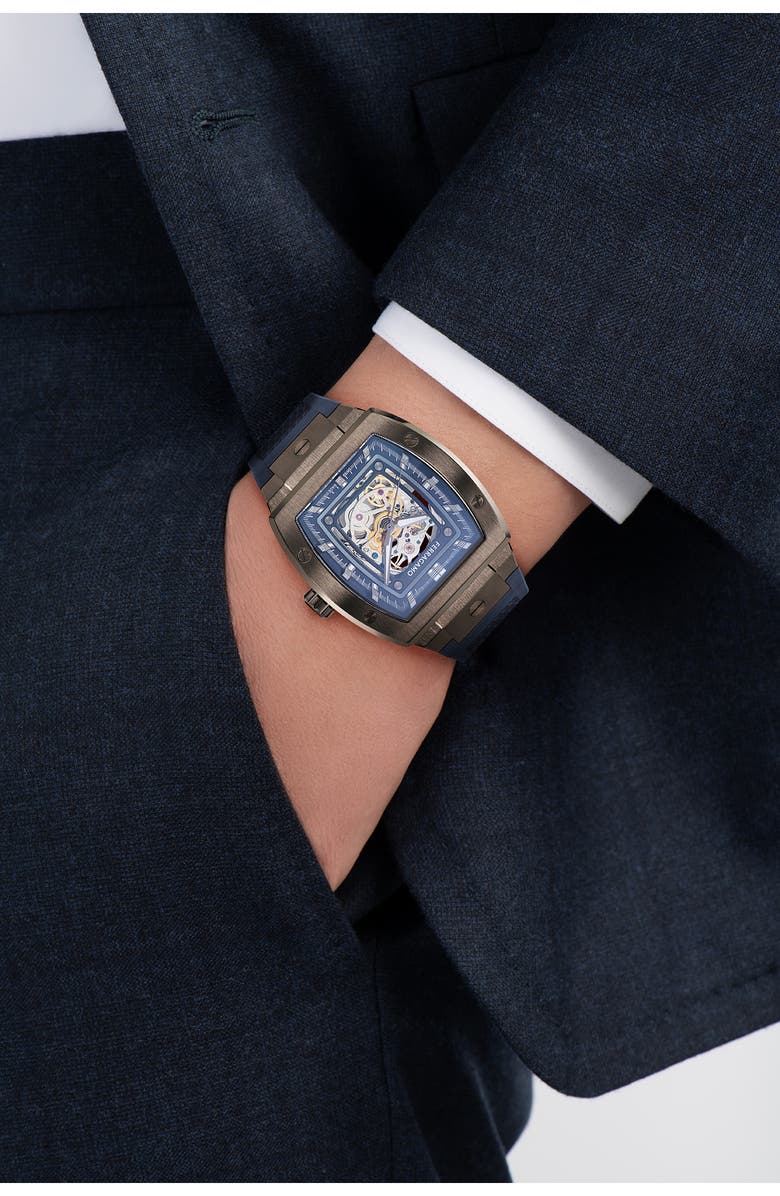 FERRAGAMO F-80 Tonneau Skeleton Recycled Polyurethane Strap Watch, 42mm, Alternate, color,