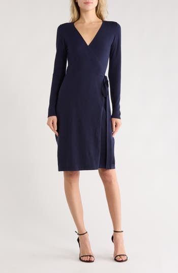 Lovestitch Long Sleeve Wrap Sweater Dress In Blue