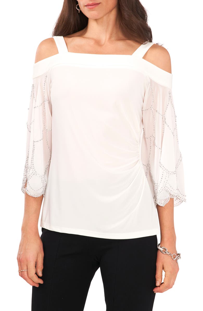 Chaus Rhinestone Cold Shoulder Top, Main, color, Lily Ivory
