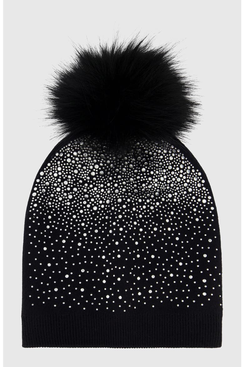 Knit Beanie Hat With Fur-Free Fox (Faux Fur) Pompom, Alternate, color, BLACK/BLACK