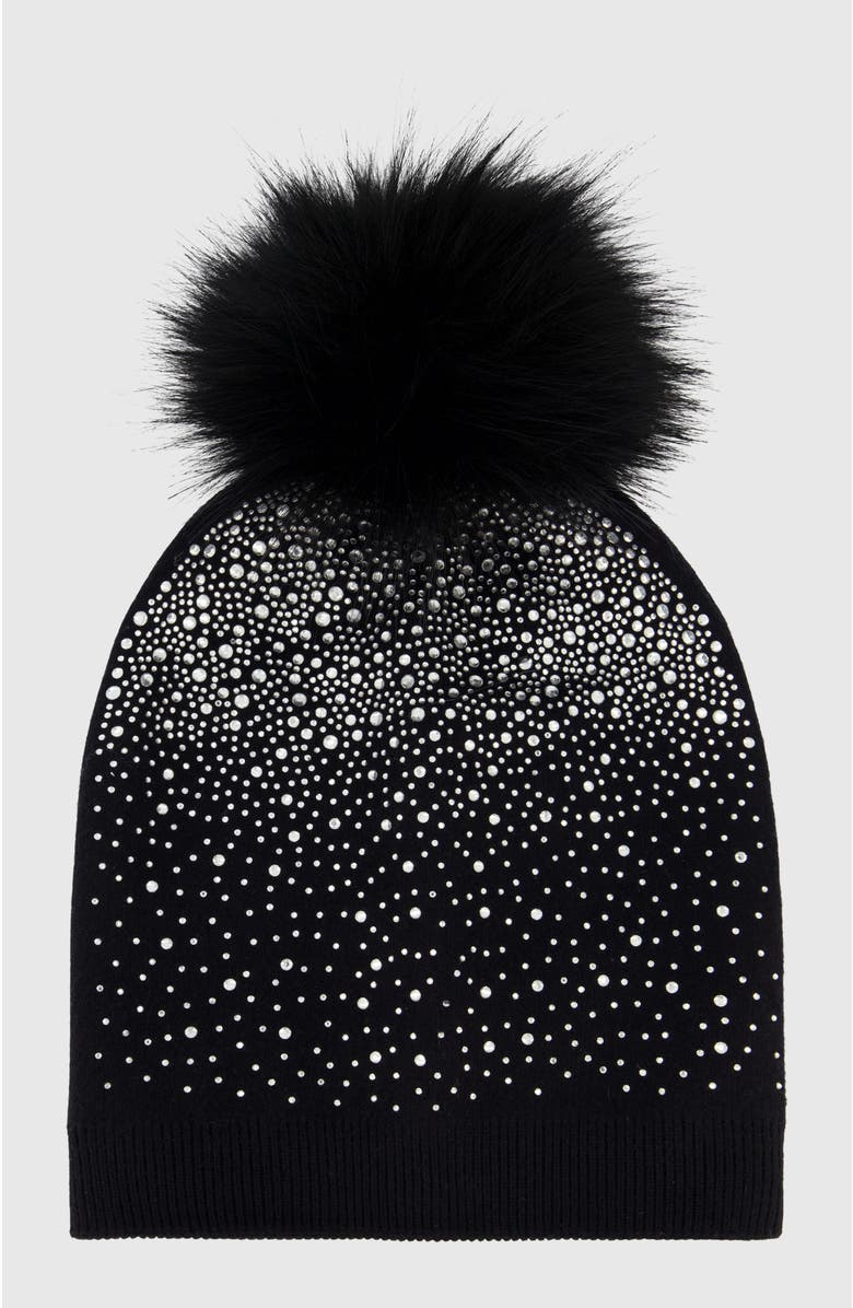 Lyla Grant Knit Beanie Hat With Fur-Free Fox (Faux Fur) Pompom, Alternate, color, Black/Black