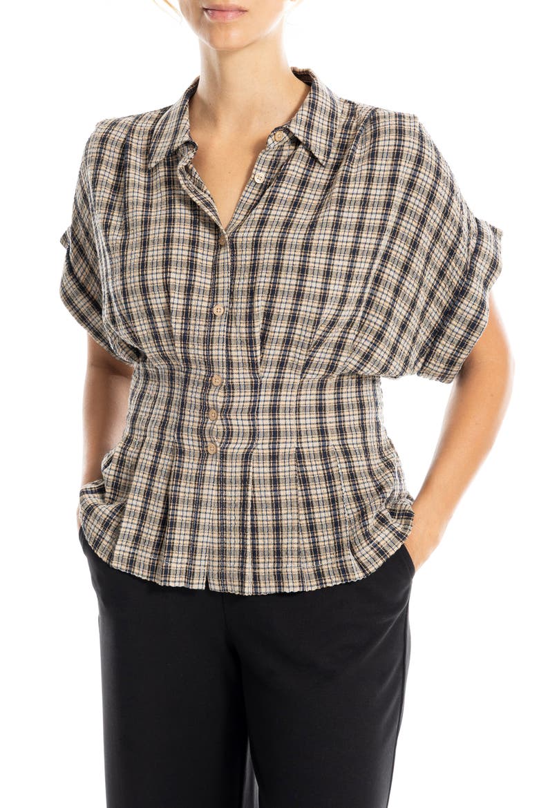 Plaid Pintucked Short Sleeve Shirt, Alternate, color, TAUPE/ BLACK/ BLUE PLAID