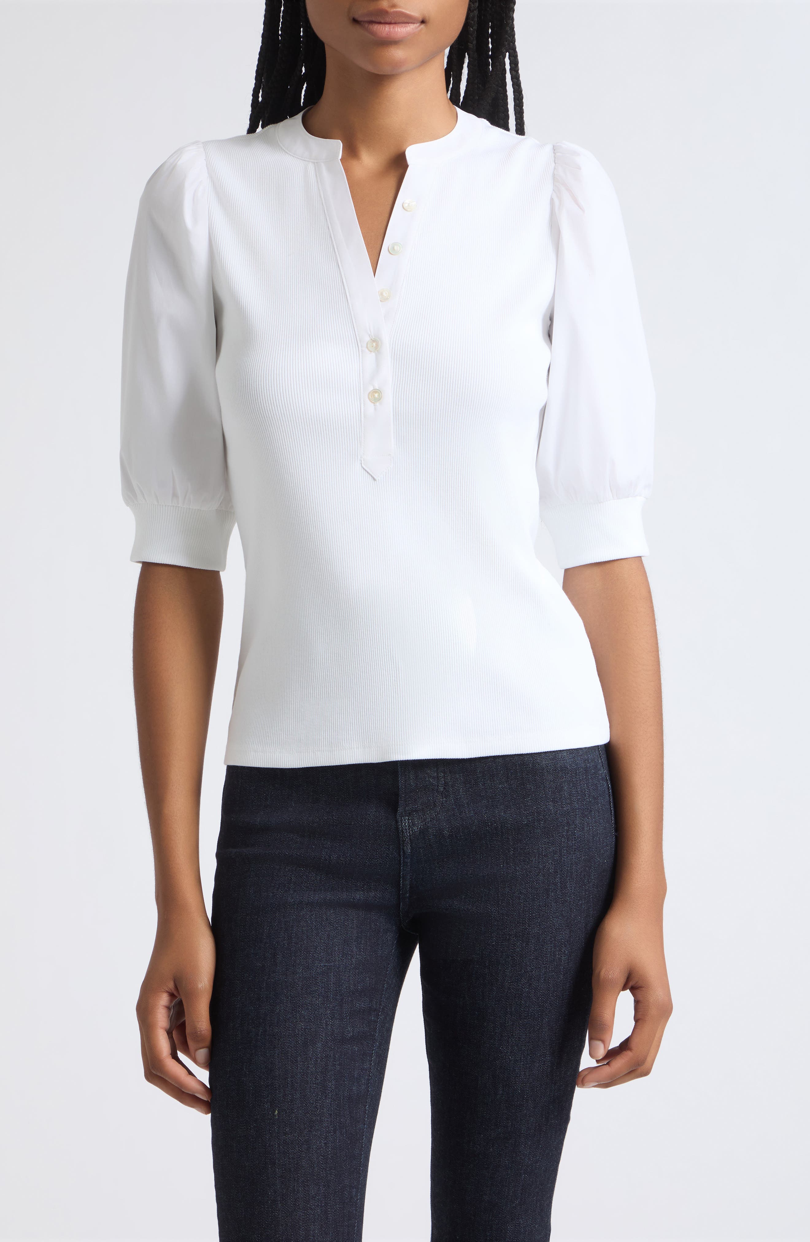 Veronica Beard Coralee Puff Sleeve Mixed Media Henley Top (Women
