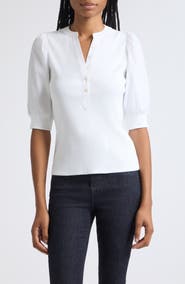 Veronica Beard Coralee Puff Sleeve Mixed Media Henley Top