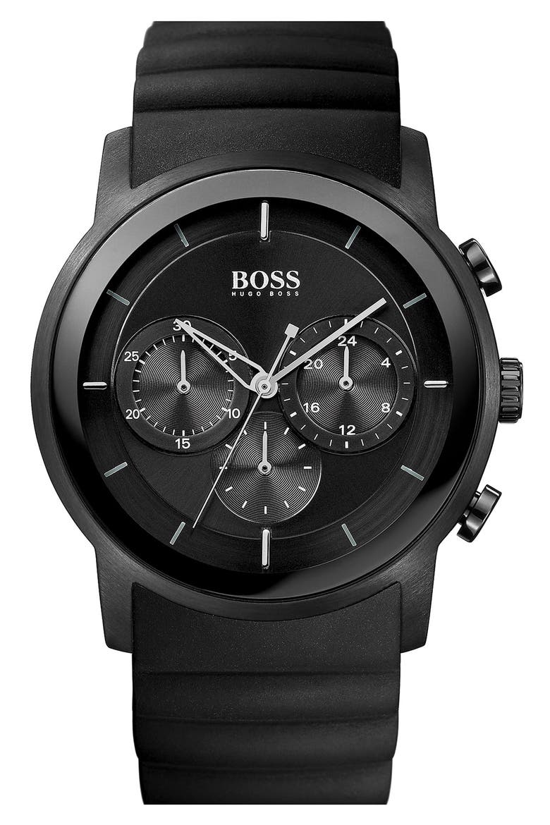 BOSS HUGO BOSS Round Chronograph Rubber Strap Watch, 42mm, Main, color, BLACK