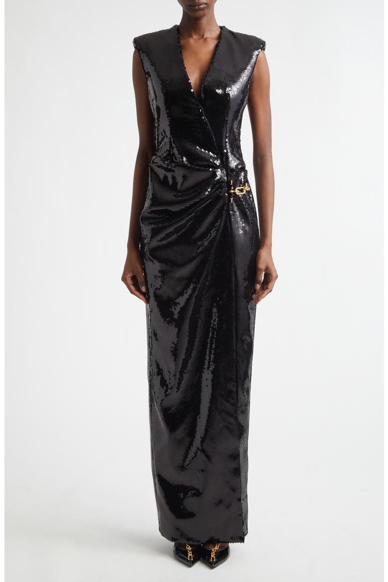 Sequin Draped Side Chain Dress, Main, color, 0PA BLACK