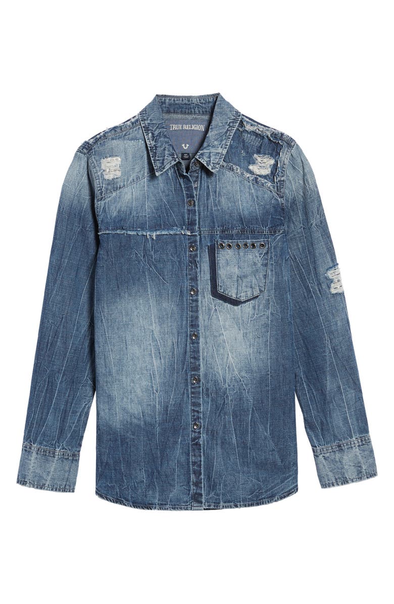 True Religion Brand Jeans Georgia Distressed Denim Shirt, Alternate, color, Indigo