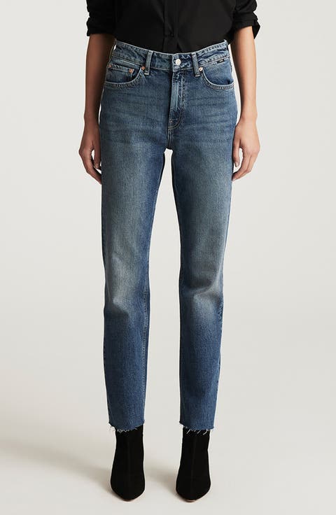 New York Raw Hem High Waist Ankle Straight Leg Jeans (Deep Used Classic Blue)