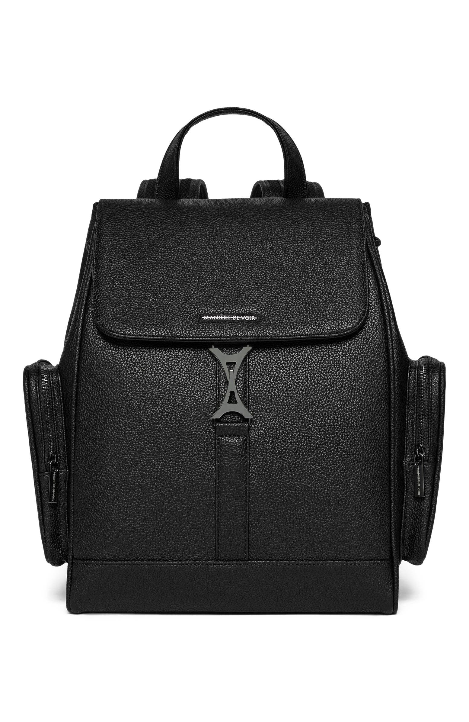 Manière De Voir Maloe Pebbled Leather Eiffel Clasp Backpack, Alternate, color, Black