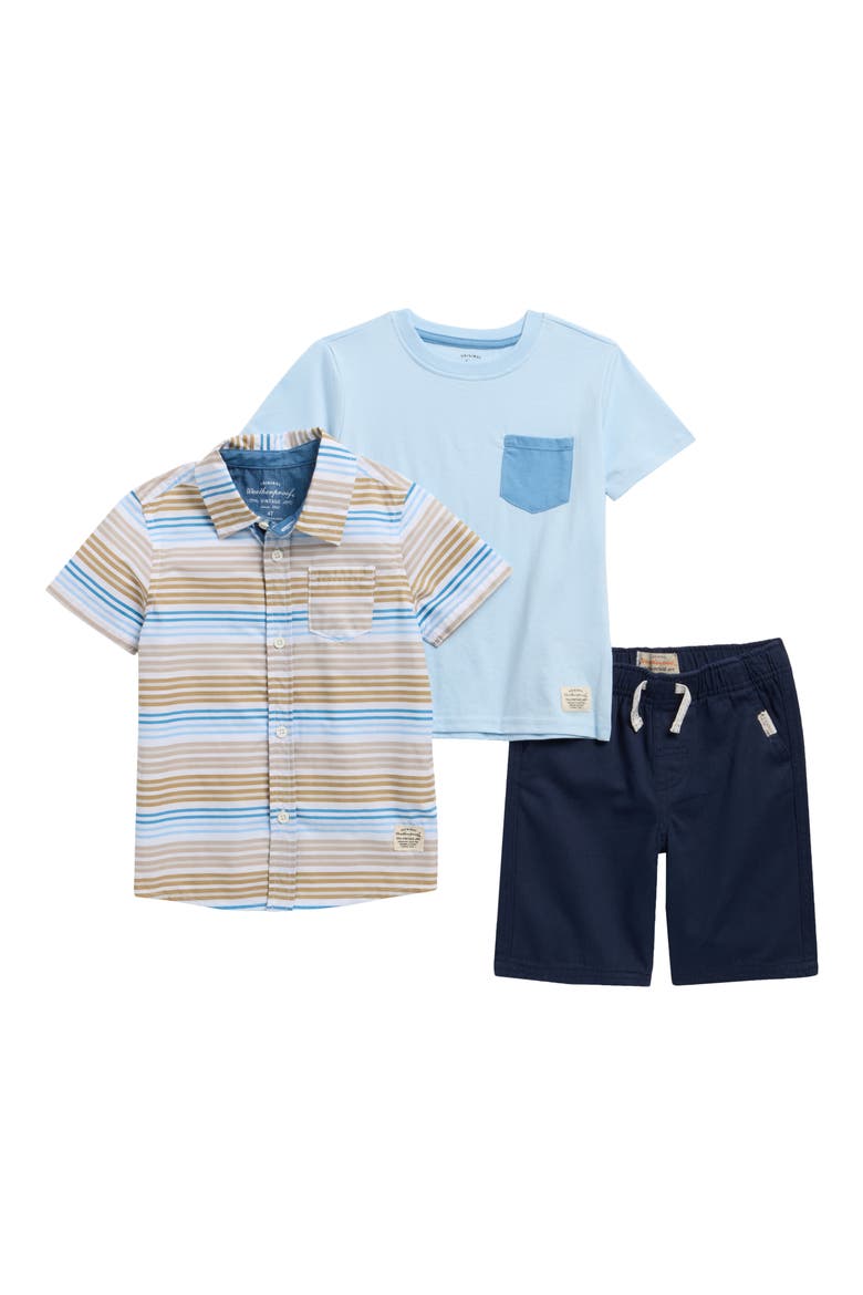 Kids' Stripe Short Sleeve Poplin Button-Up Shirt, Pocket T-Shirt & Shorts Set, Main, color, NAVY