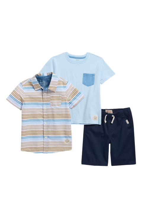 Kids' Stripe Short Sleeve Poplin Button-Up Shirt, Pocket T-Shirt & Shorts Set (Little Kid)
