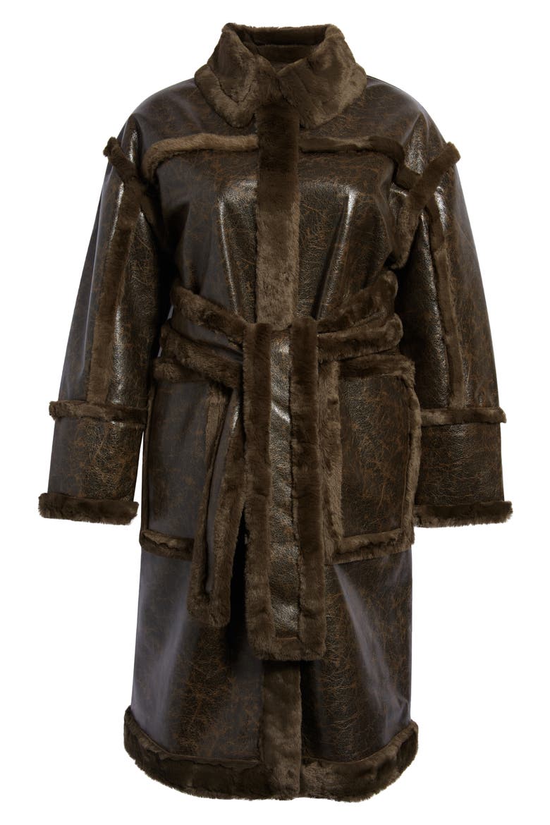 Curve Faux Fur Trim Longline Aviator Coat, Alternate, color, DARK GREEN