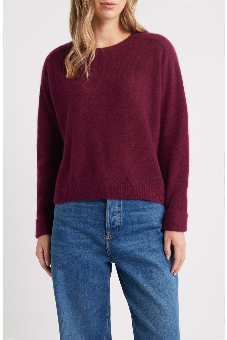 Crewneck Rolled Cuff Cashmere & Silk Sweater, Main, color, PORT