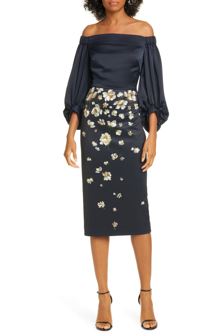 Pearl Floral Off the Shoulder Midi Dress, Main, color, NAVY