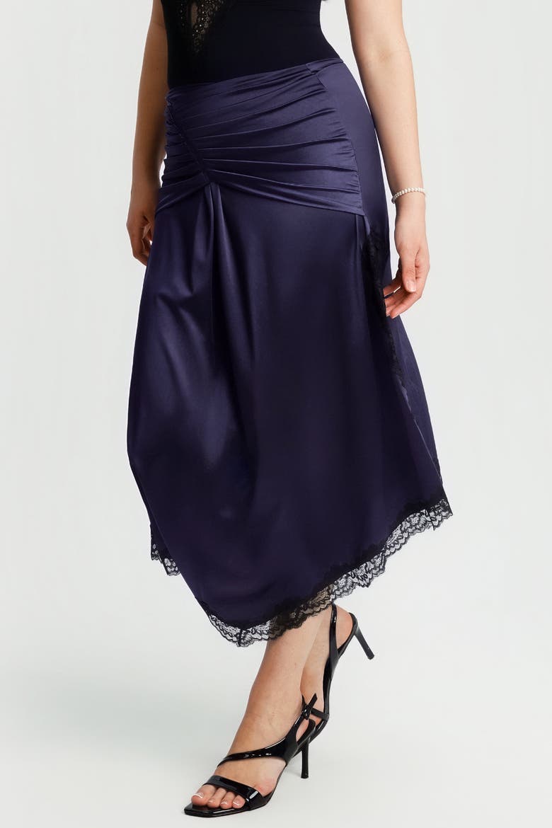 Built In Shapewear Satin Ruched Mermaid Skirt with Lace Trim, Alternate, color, Cambridge Blue