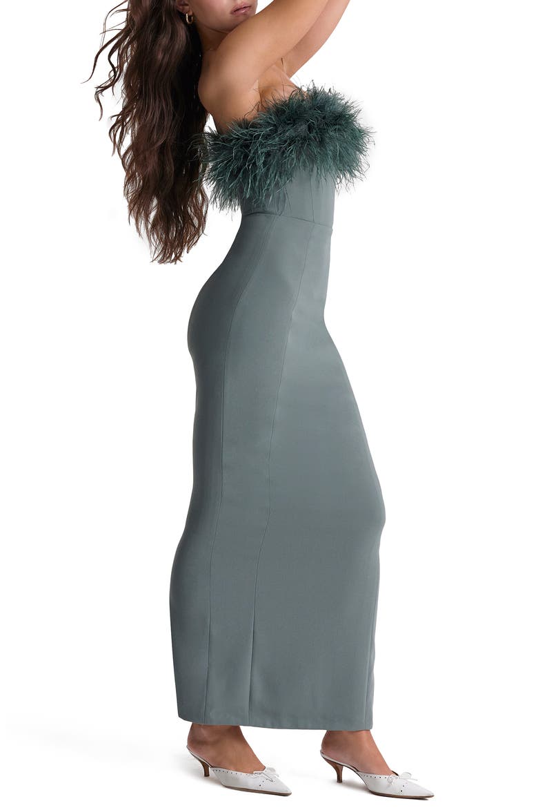 Juliene Strapless Feather Bodice Crepe Cocktail Dress, Alternate, color, DARK EUCALYPTUS