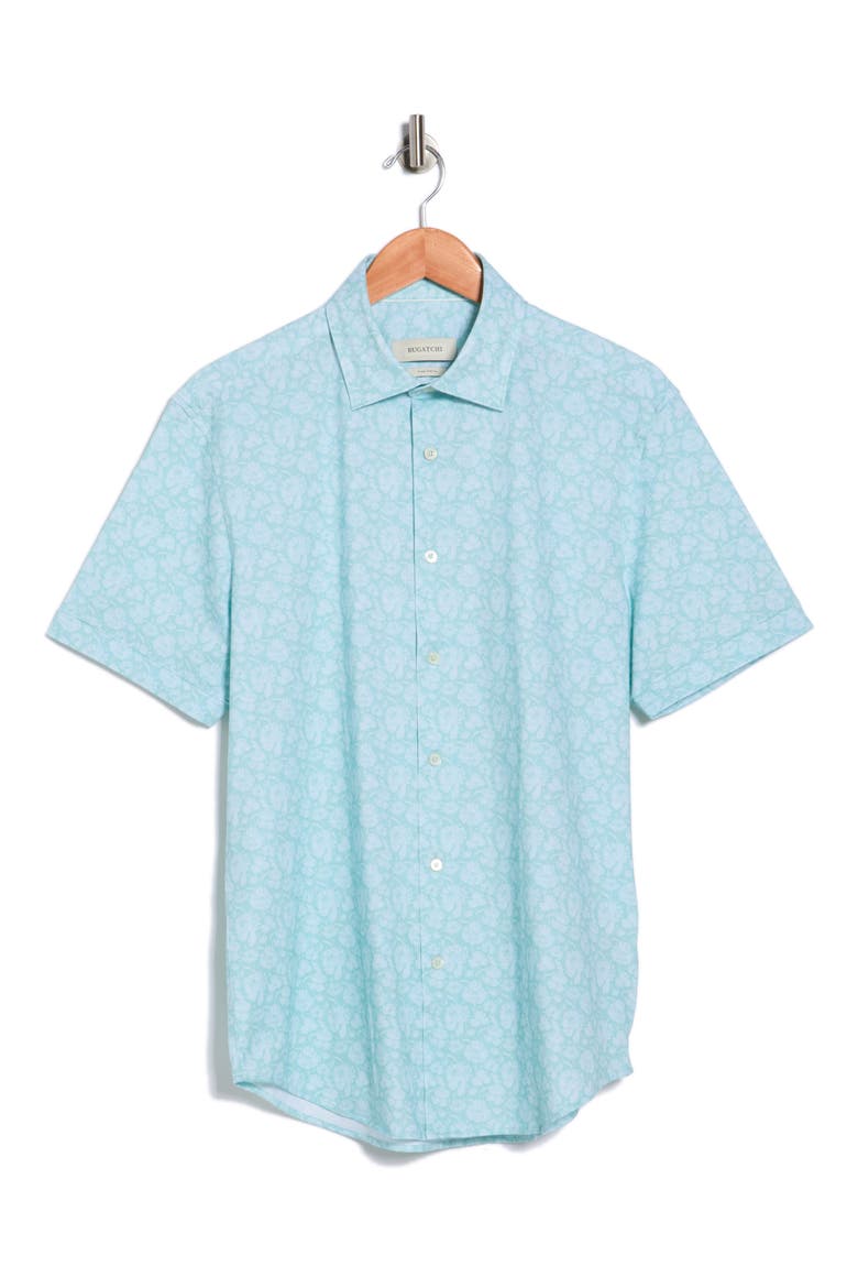 Floral Print Stretch Cotton Short Sleeve Button-Up Shirt, Alternate, color, MENTHOL