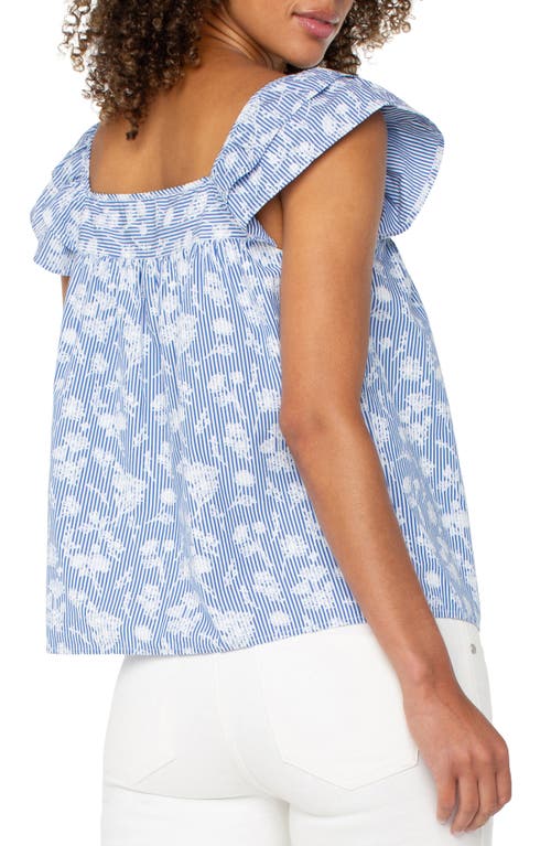 Liverpool Los Angeles Embroidered Ruffle Sleeve Top In Blue White Flower Stripe