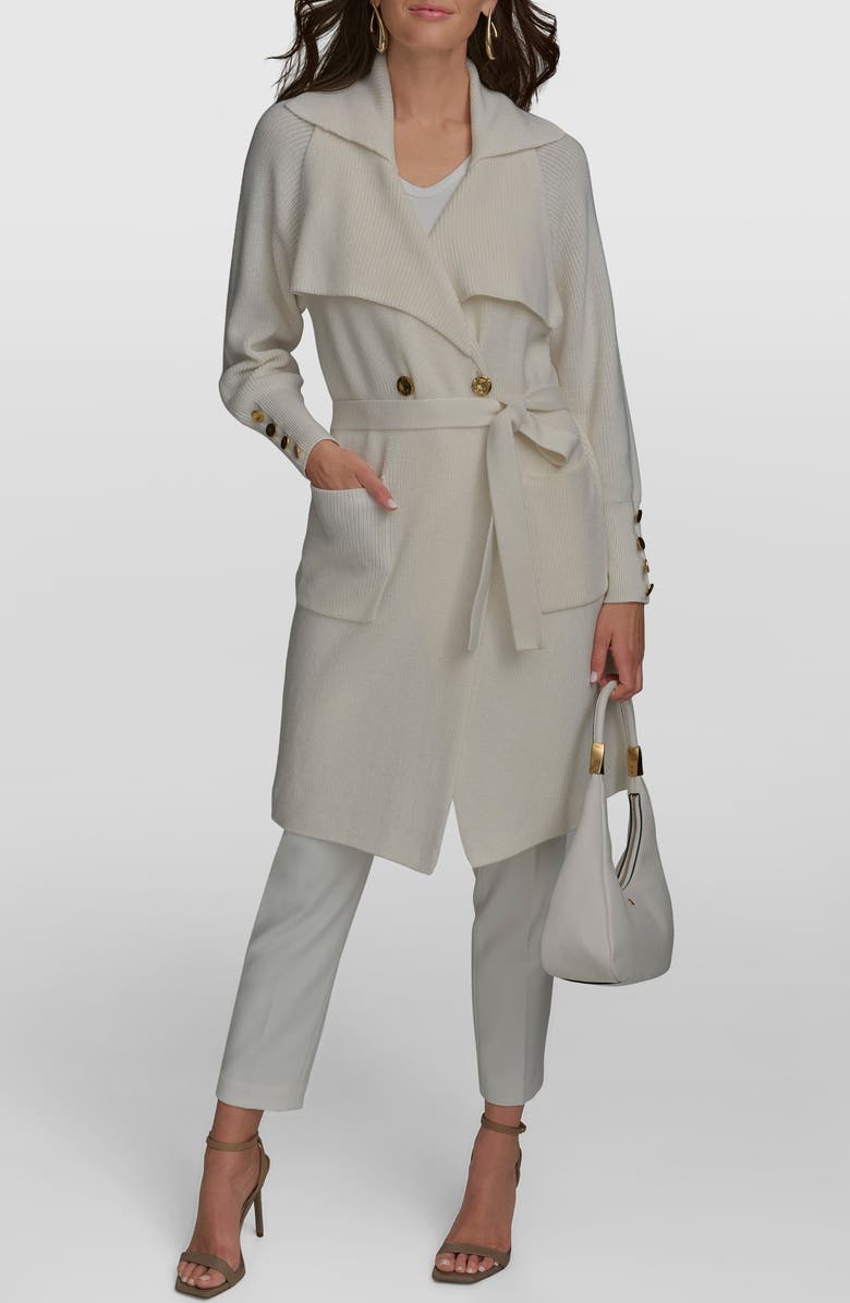 Donna Karan New York Tie Waist Double Breasted Cardigan, Main, color, Cream