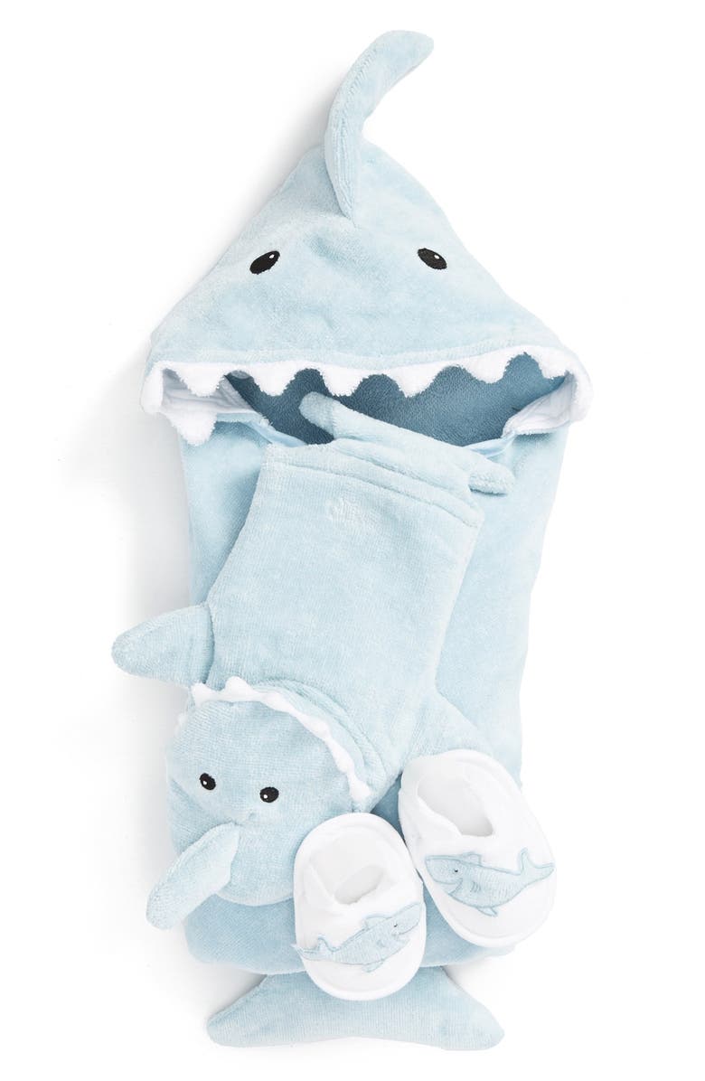 Baby Aspen Let the Fin Begin Hooded Terry Robe, Bath Mitt & Slippers Set, Main, color,