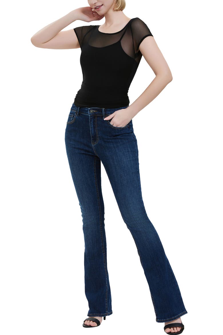 Sheer Mesh Short Sleeve Bodysuit Top, Alternate, color, Black