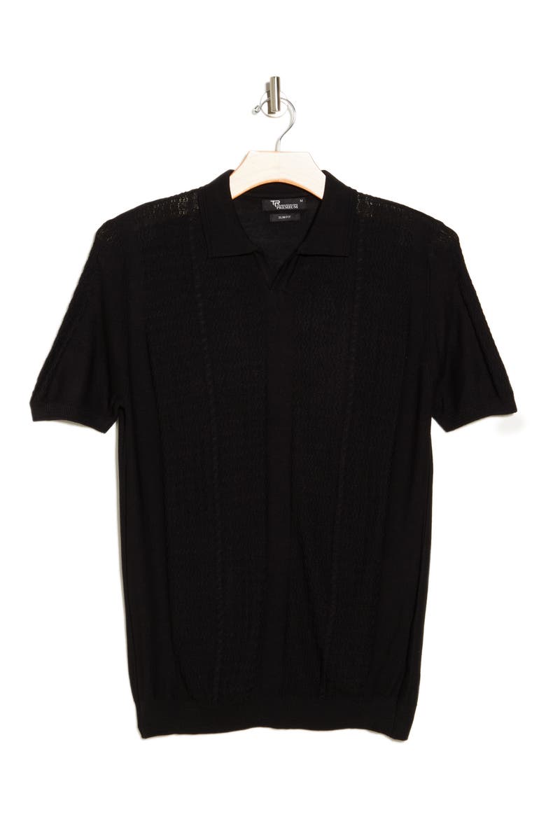 Textured Sweater Knit Johnny Collar Polo, Alternate, color, BLACK