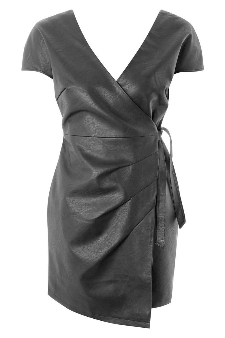 Faux Leather Wrap Dress, Alternate, color, BLACK