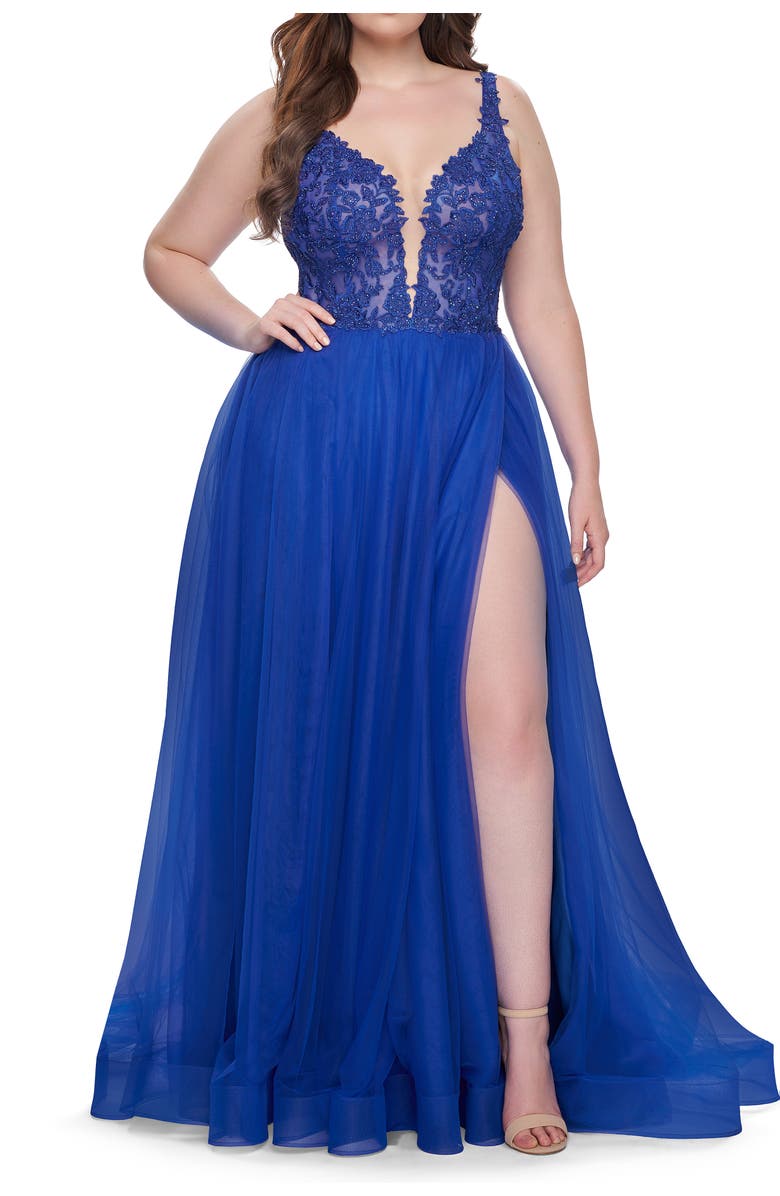 La Femme Deep V Plus Size Tulle Dress with Lace Illusion Bodice, Alternate, color, Royal Blue