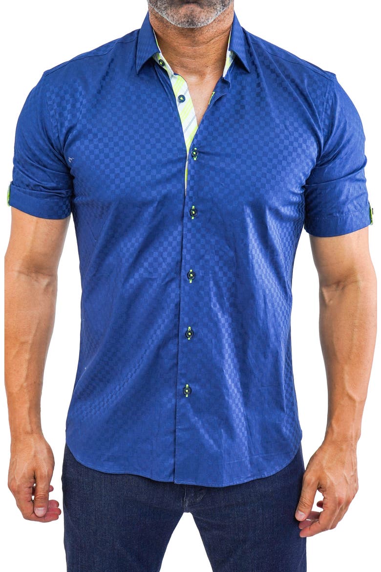 Galileo Panam 38 Navy Contemporary Fit Short Sleeve Button-Up Shirt, Main, color, BLUE