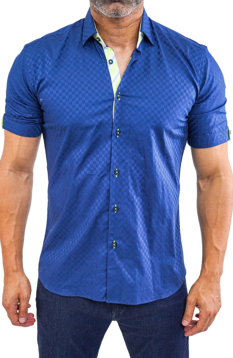Maceoo Galileo Panam 38 Navy Contemporary Fit Short Sleeve Button-Up Shirt, Main, color, Blue