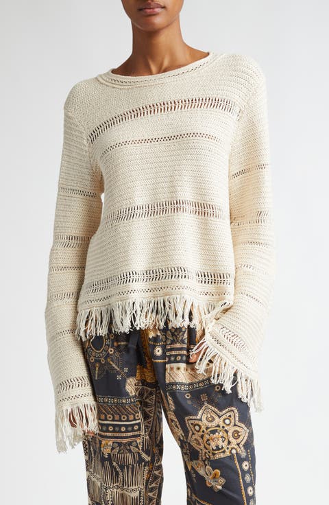 Azilis Open Stitch Fringe Cotton Crewneck Sweater