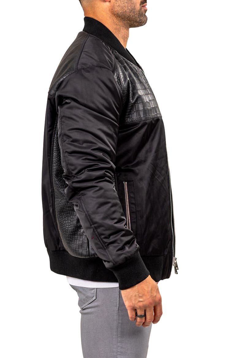 Croc Embossed Leather Bomber Jacket, Alternate, color, BLACK