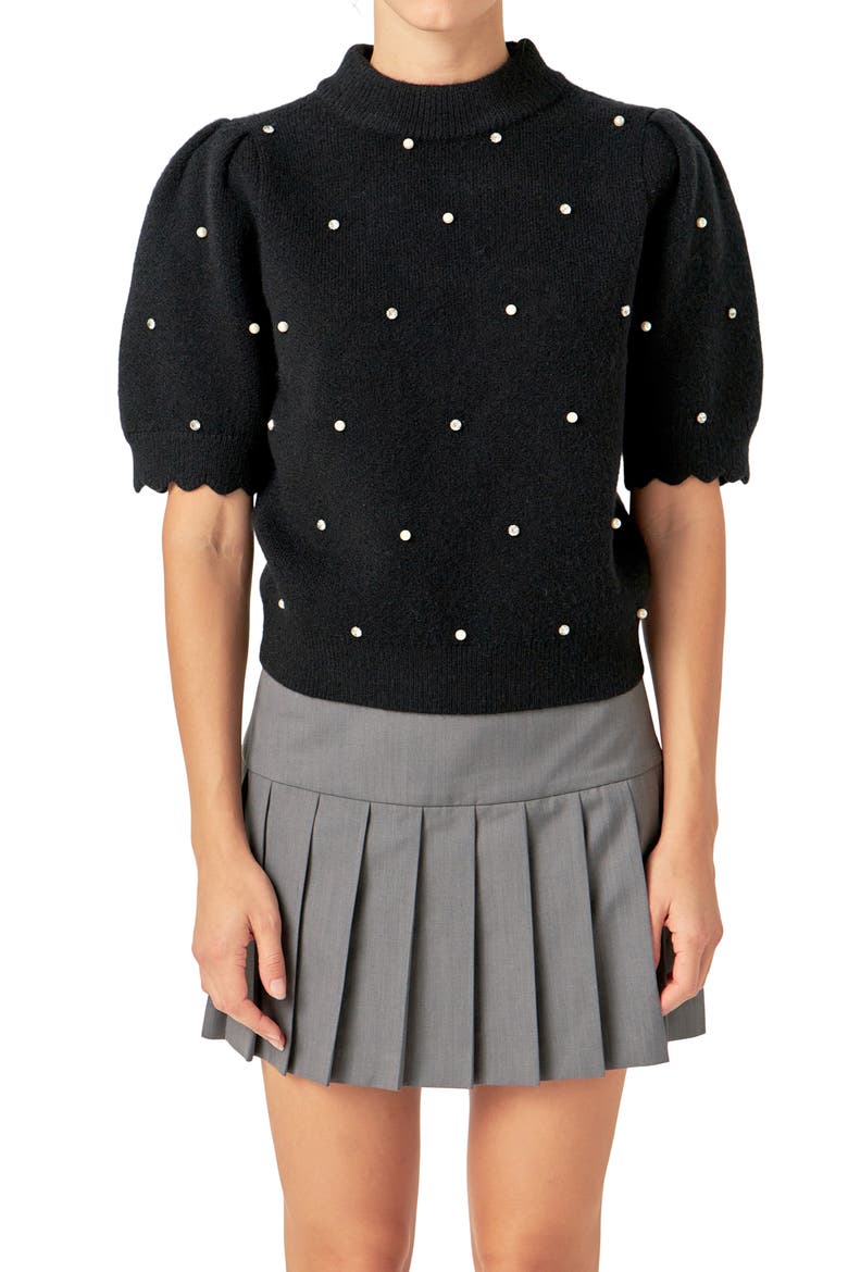 Embellished Short Sleeve Sweater, Alternate, color, BLACK
