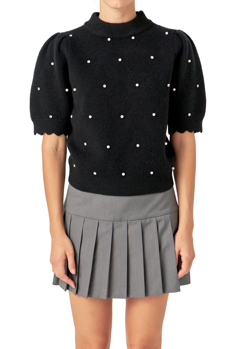 English Factory Embellished Short Sleeve Sweater, Alternate, color, Black