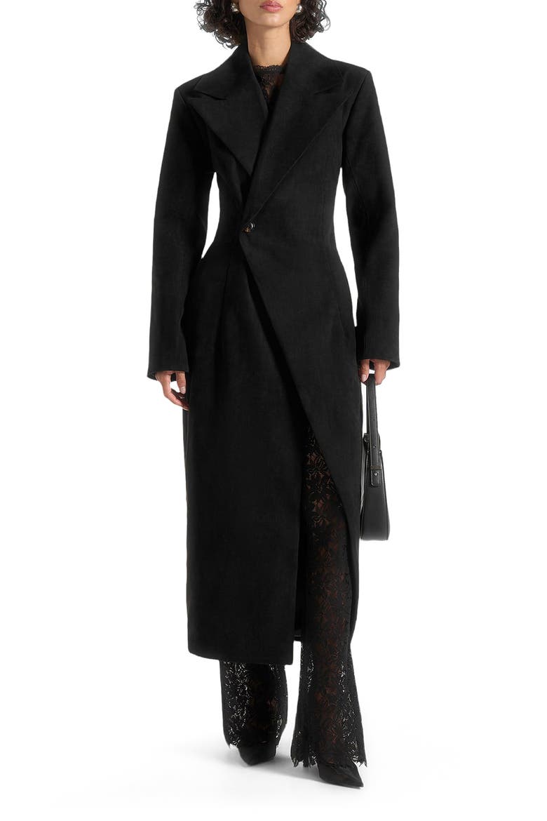 Esma Suede Asymmetric Coat with Cinch Belt, Main, color, Black