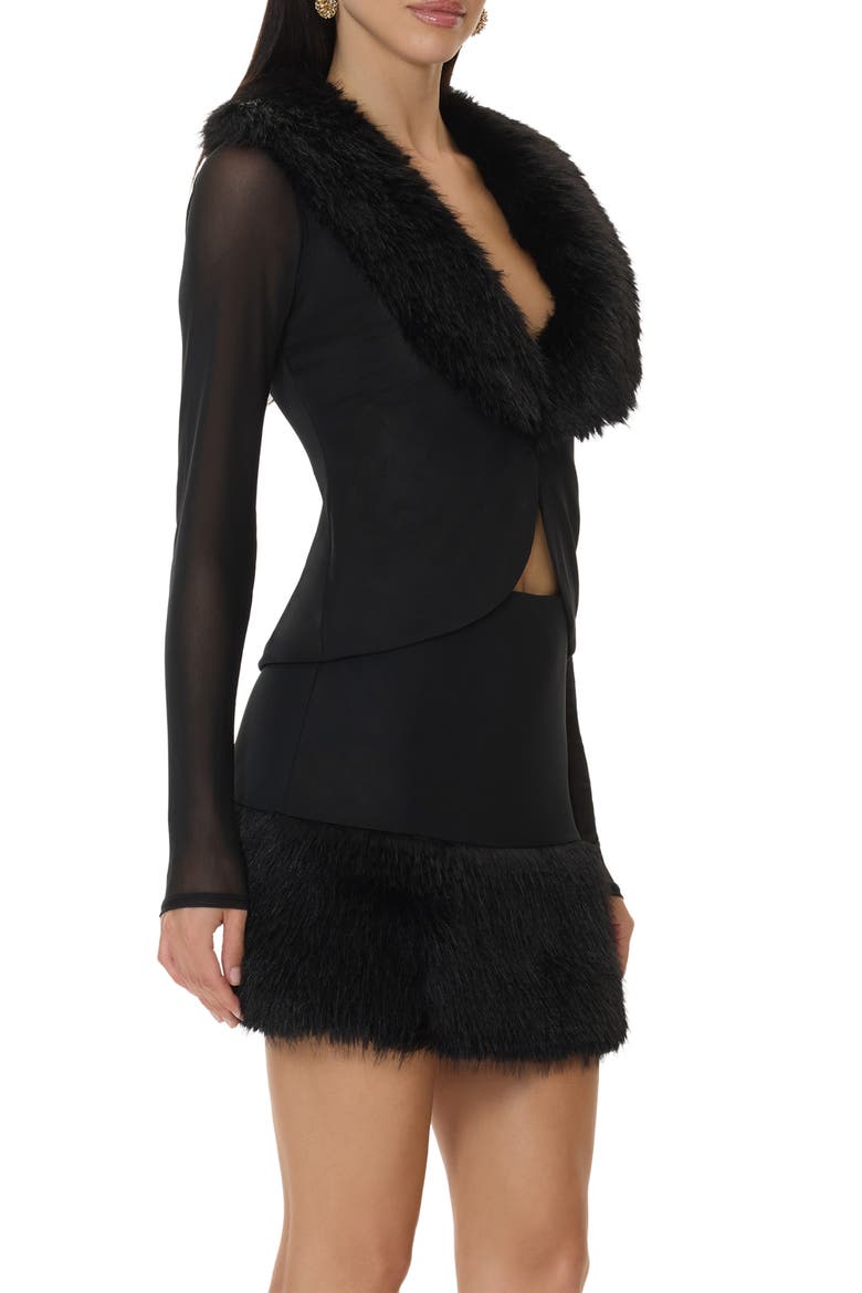 Nymia Faux Fur Collar Mesh Sleeve Cardigan, Alternate, color, NOIR