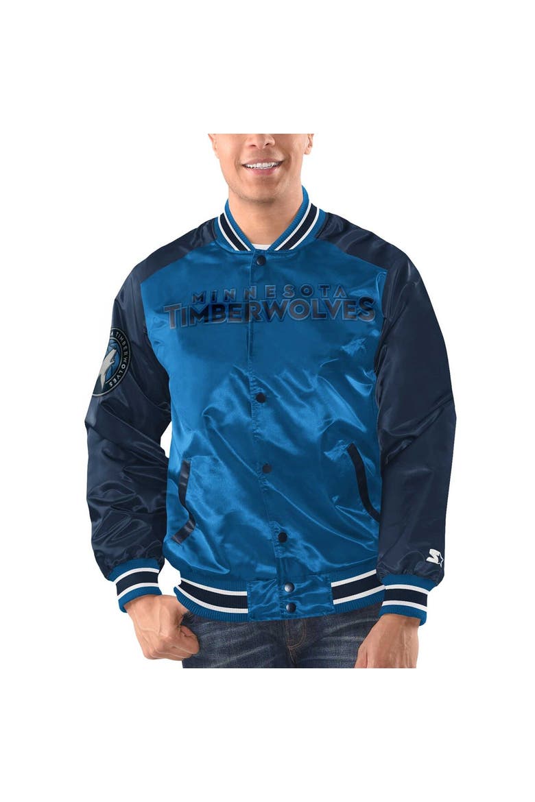Men's Starter Blue/Navy Minnesota Timberwolves Renegade Satin Full-Snap Varsity Jacket, Alternate, color, Blue