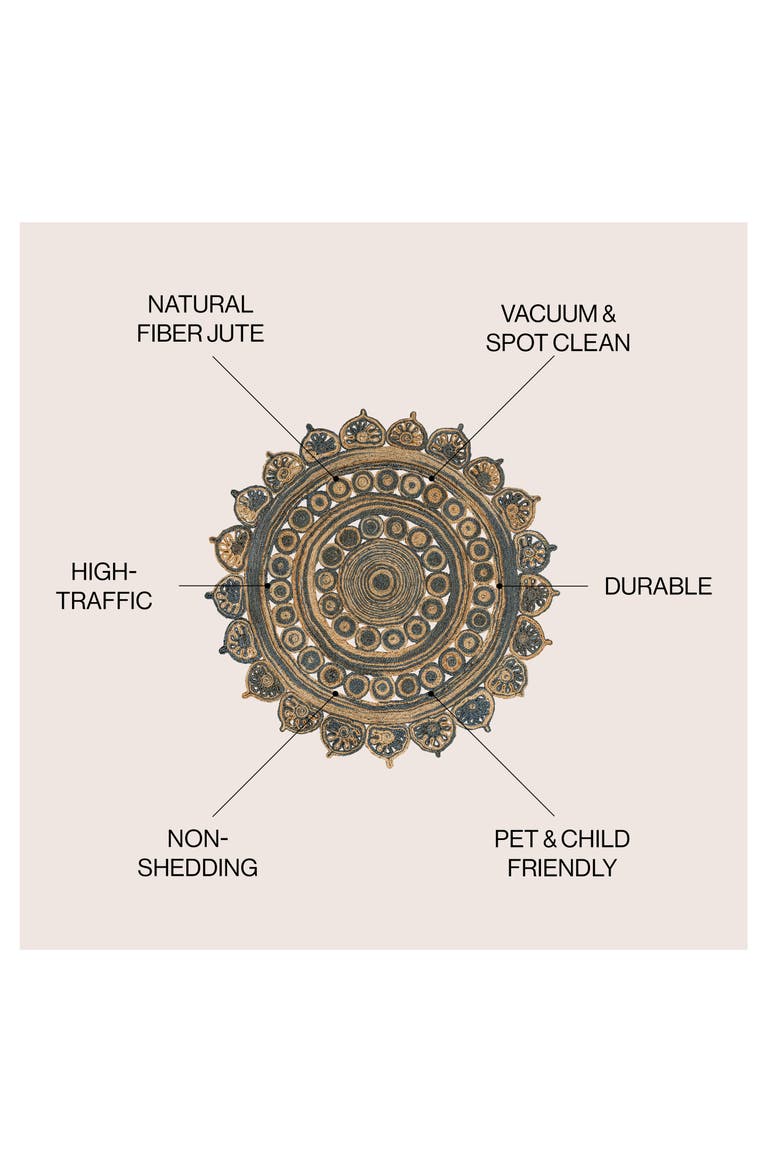 Flora Medallion Contemporary Bohemian Round Jute Round Area Rug, Alternate, color, Blue/Natural