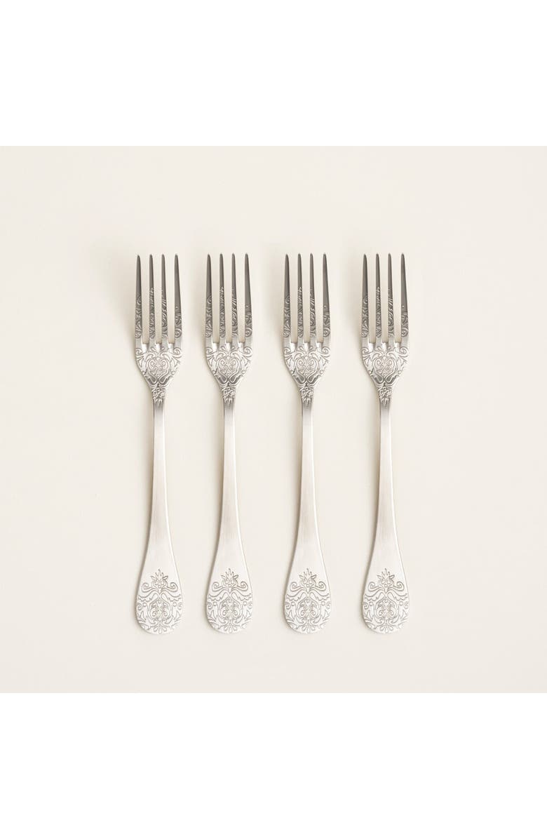 Zsa Zsa Zsu Dume Patterned Steel Dessert Fork Set Of 4, Main, color, Silver