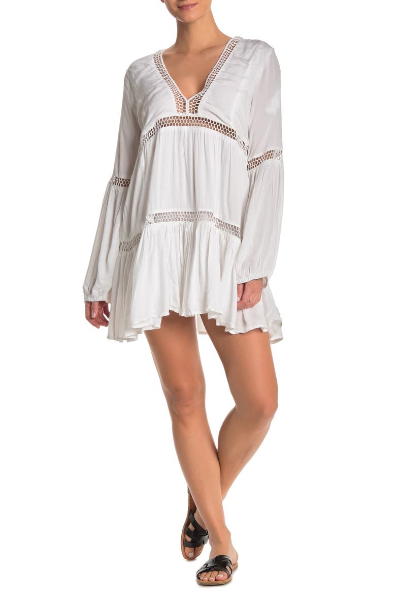 Crochet Croched Inset Cover-Up Dress, Main, color, WHITE