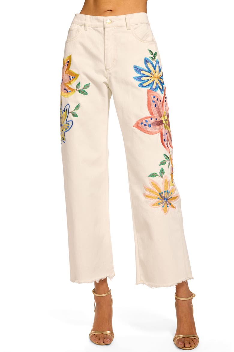 Amber Flower Embroidery Straight Leg Jeans, Main, color, WHITE EMBROIDERED