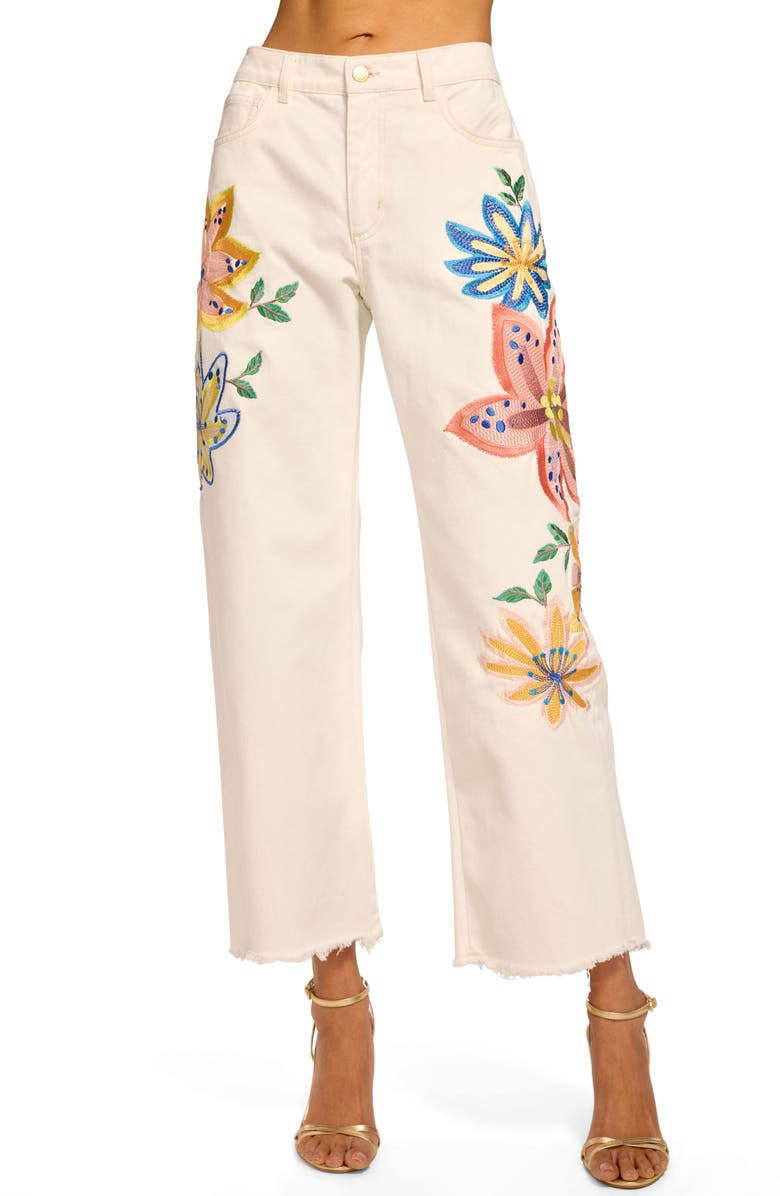 Ramy Brook Amber Flower Embroidery Straight Leg Jeans, Main, color, White Embroidered