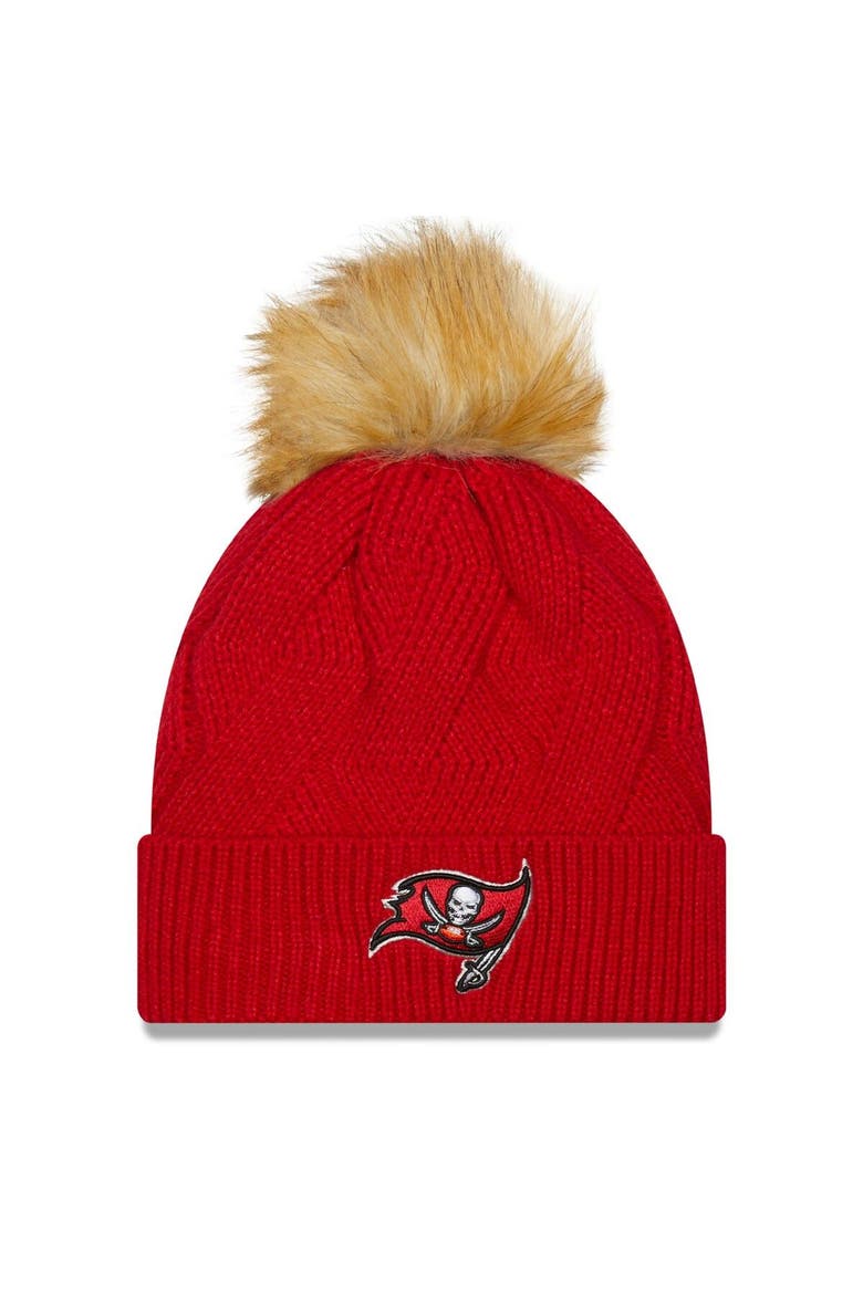 Women's New Era Red Tampa Bay Buccaneers Snowy Cuffed Knit Hat with Pom, Main, color, Red