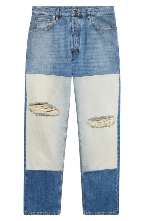 Ripped Patched Panel Straight Leg Jeans