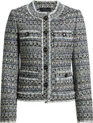 Elie Tahari The Dakota Fringe Trim Tweed Jacket