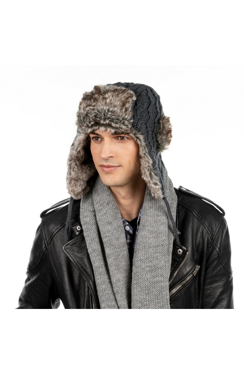 Nirvanna Designs Cable Knit Russian Hat w/ Faux Fur, Alternate, color, Black